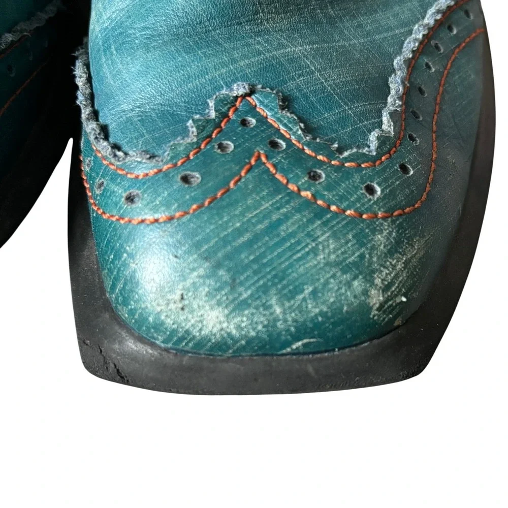 John Fluevog Future Angel Slip-on Wingtip Brogue Shoes Sz 7 Teal Leather